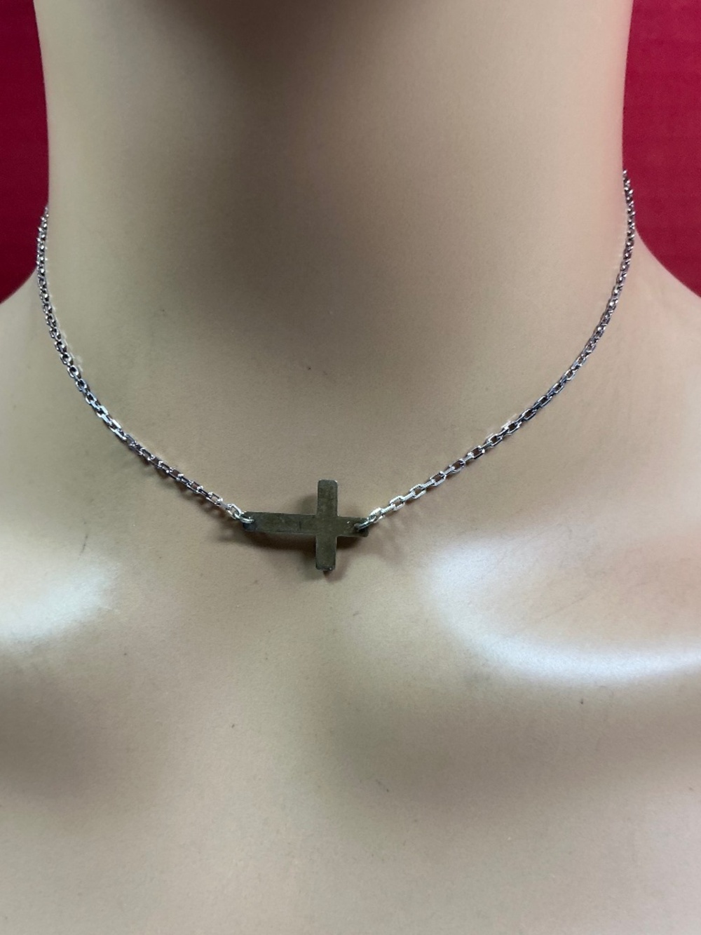 Sterling Silver Sideways Cross Choker Necklace. 15 inches long